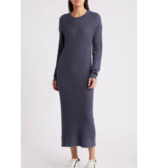 TREASURE & BOND Cable Stitch Long Sleeve Midi Sweater Dress In Navy Armada - Picture 1 of 11